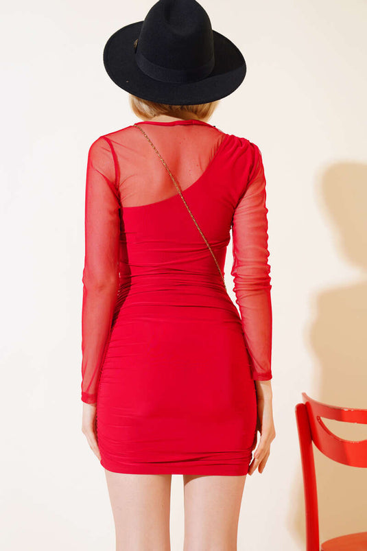 Mini abito rosso con dettaglio maniche in tulle