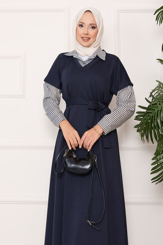 فستان أنثراسيت من أويشو ذو الأكمام وياقة مزينة بخطوط