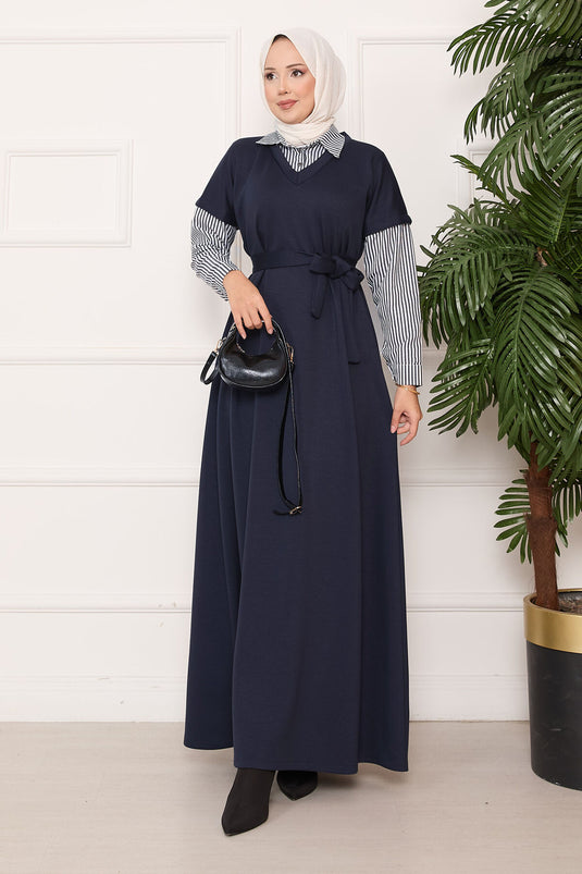 فستان أنثراسيت من أويشو ذو الأكمام وياقة مزينة بخطوط