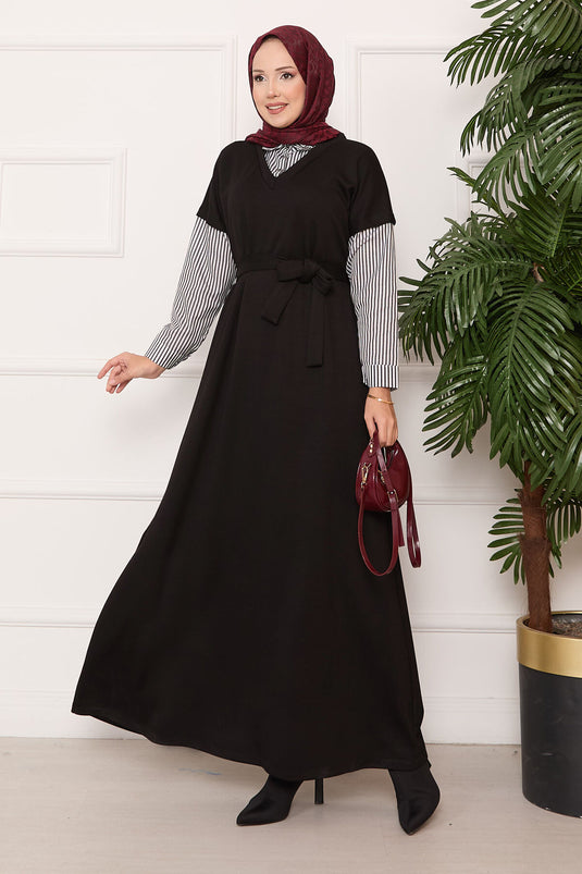 Oyşo Black Dress with Striped Sleeve and Collar Garnish