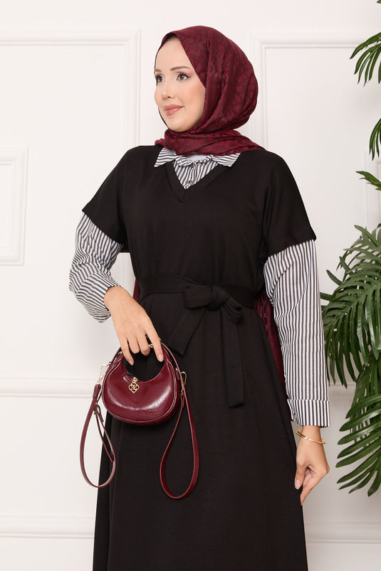 Oyşo Black Dress with Striped Sleeve and Collar Garnish