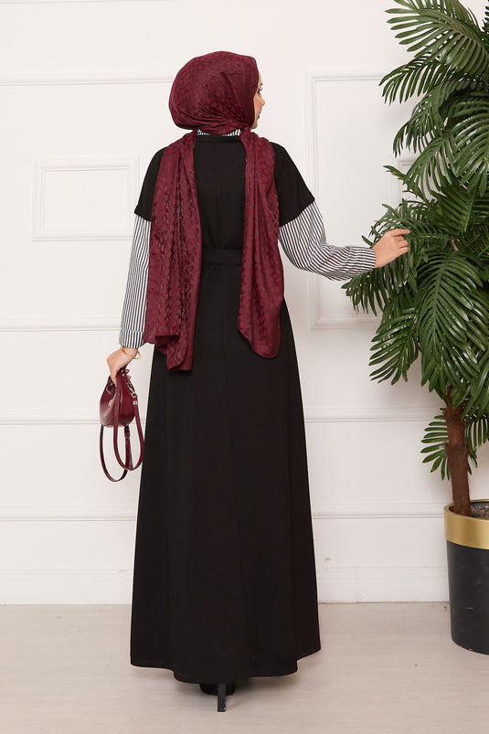 Oyşo Black Dress with Striped Sleeve and Collar Garnish