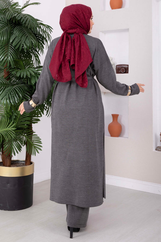 Beaded Tie-Detail Knit Three-Piece Set In Anthracite