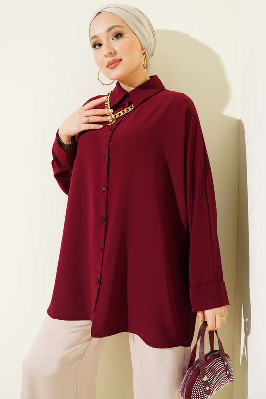 Chemise ample à manches chauve-souris avec col en chaîne, bordeaux