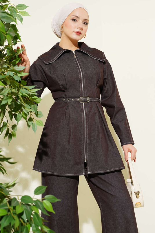 Denim Zip-Up Pants Set Brown