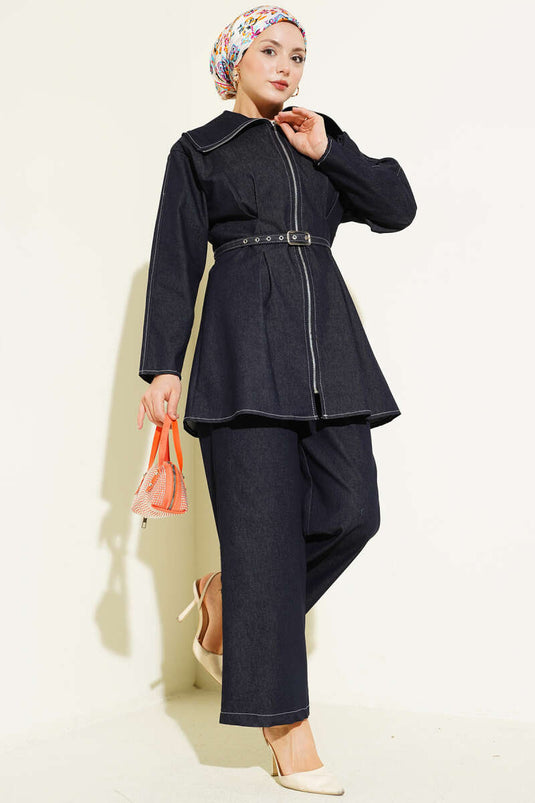 Set of Trousers with Zippered Cuffs Navy Blue