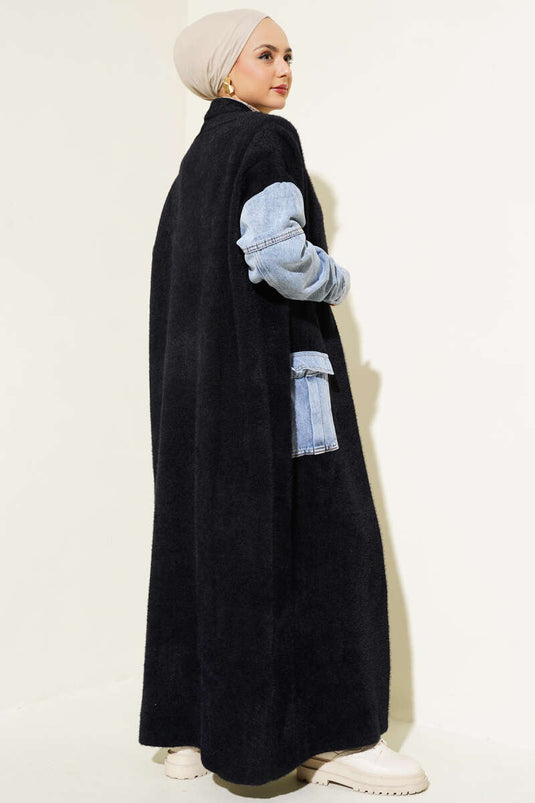 Cardigan long en Angora avec garniture en denim, noir