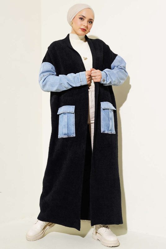 Cardigan long en Angora avec garniture en denim, noir