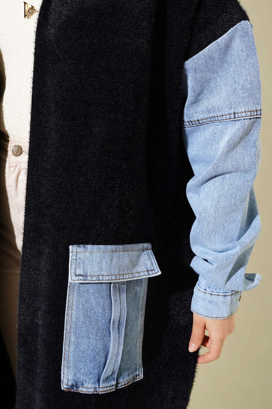 Cardigan long en Angora avec garniture en denim, noir