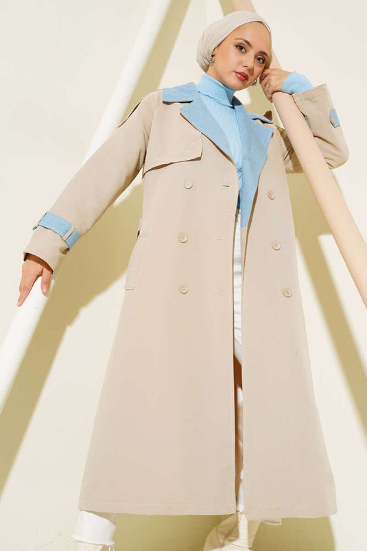 Trench-coat à épaulettes garni de denim Beige