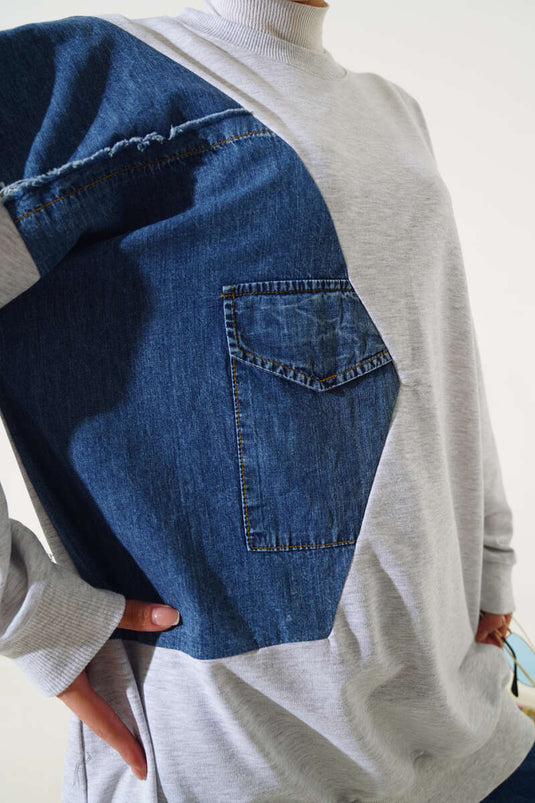 Jeans-Tunika mit gestreiften Taschen, Grau