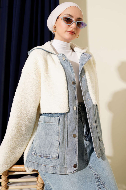 Kot Garnili Çıtçıtlı Peluş Ceket Ekru