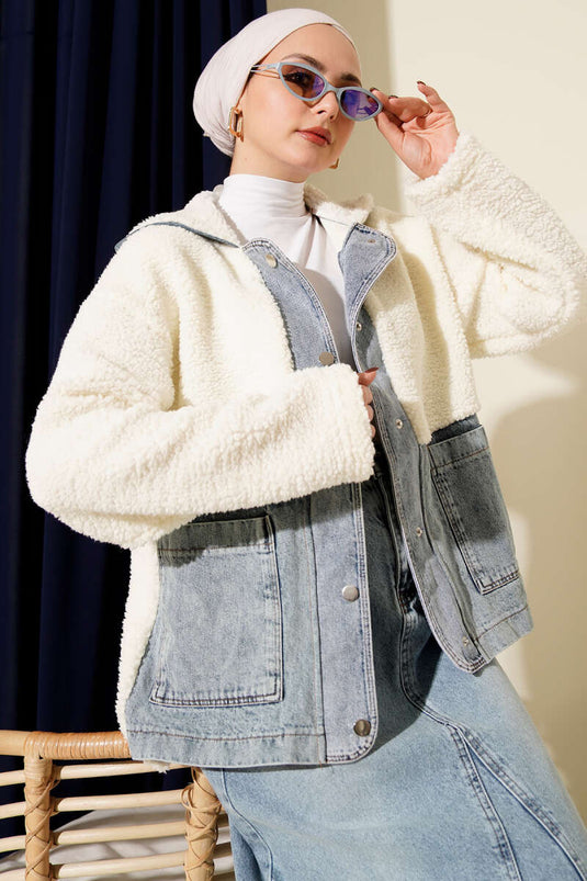 Kot Garnili Çıtçıtlı Peluş Ceket Ekru