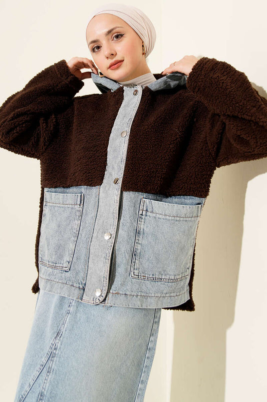 Kot Garnili Çıtçıtlı Peluş Ceket Kahve