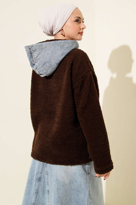Kot Garnili Çıtçıtlı Peluş Ceket Kahve
