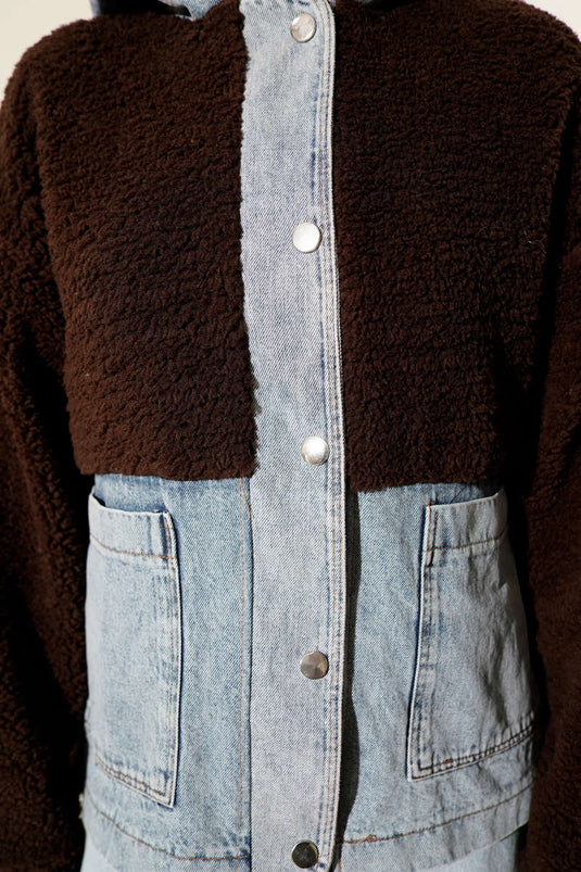 Kot Garnili Çıtçıtlı Peluş Ceket Kahve