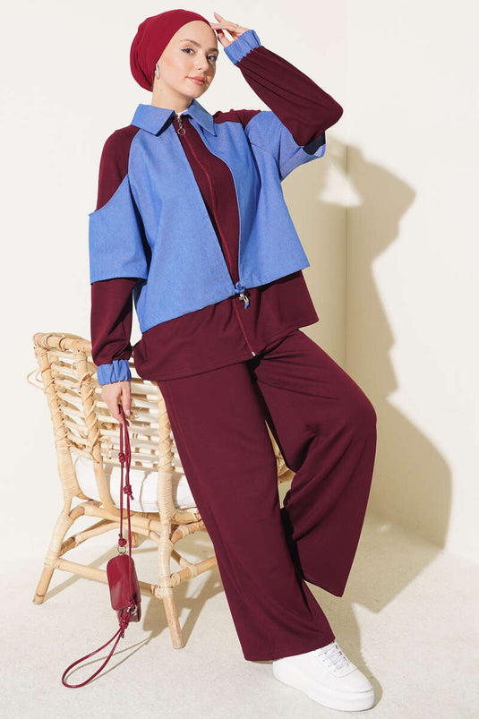Ensemble Deux Pièces En Jean Tricoté Fermé Bordeaux