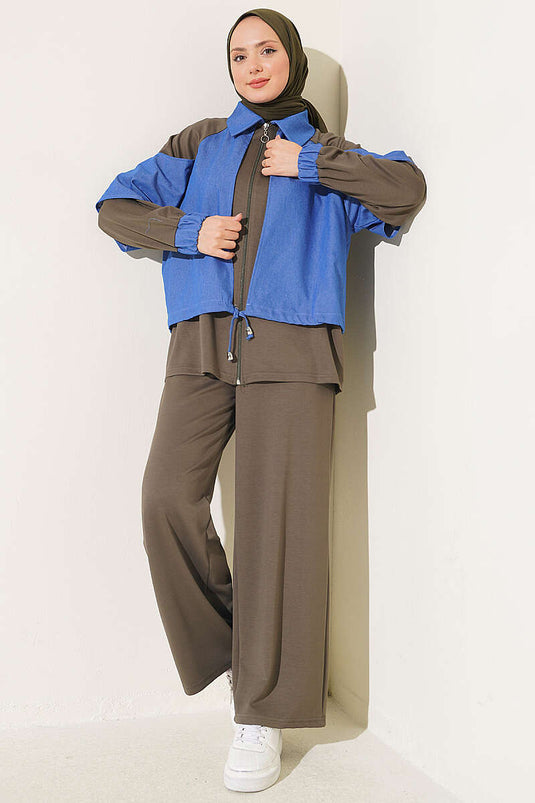 Denim Set Met Capuchon En Rits In Khaki