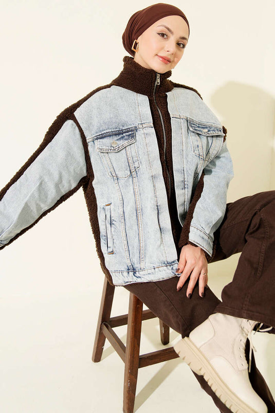 Kot Garnili Fermuarlı Peluş Ceket Kahve