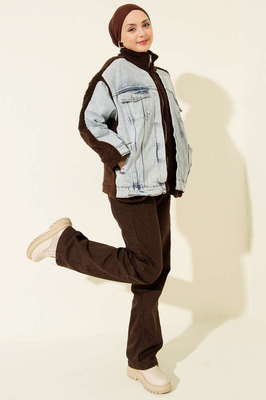 Kot Garnili Fermuarlı Peluş Ceket Kahve