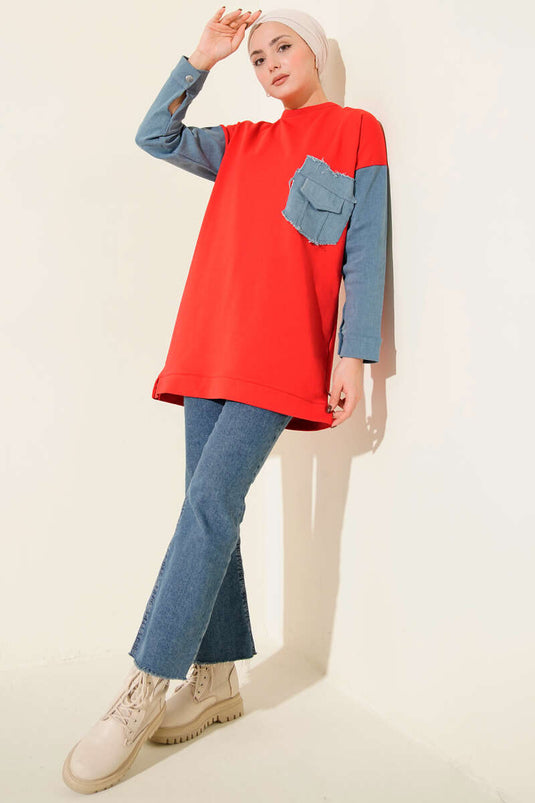 Tunique à deux cordons bordée de denim, rouge