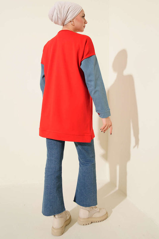 Tunique à deux cordons bordée de denim, rouge