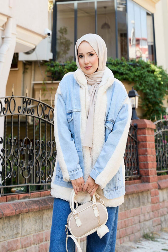 Lamb Coat with Denim Garnish Ecru