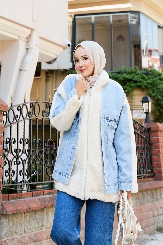 Lamb Coat with Denim Garnish Ecru