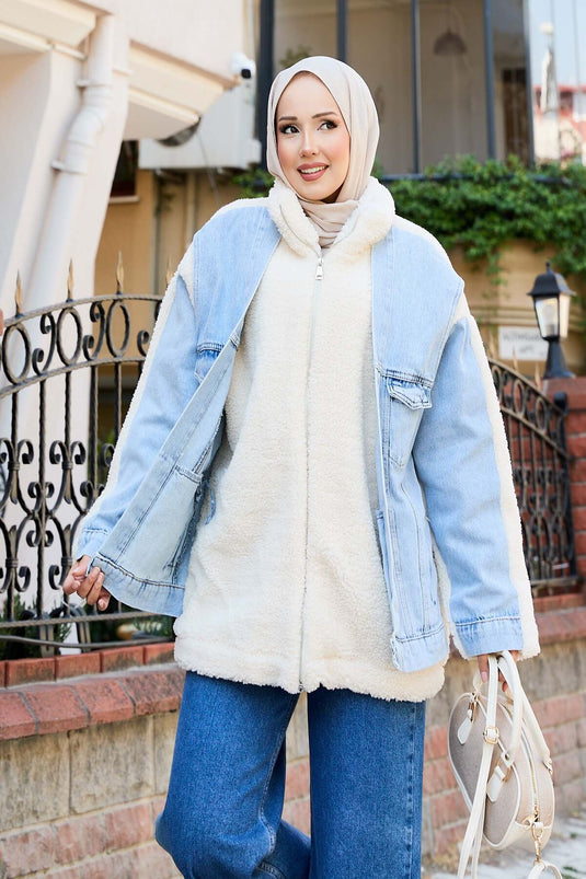 Lamb Coat with Denim Garnish Ecru