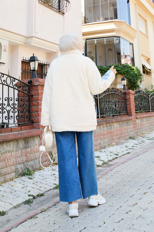 Lamb Coat with Denim Garnish Ecru