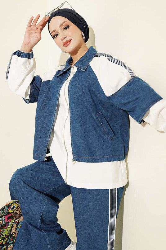 Conjunto De Dos Piezas De Denim A Rayas Y Punto