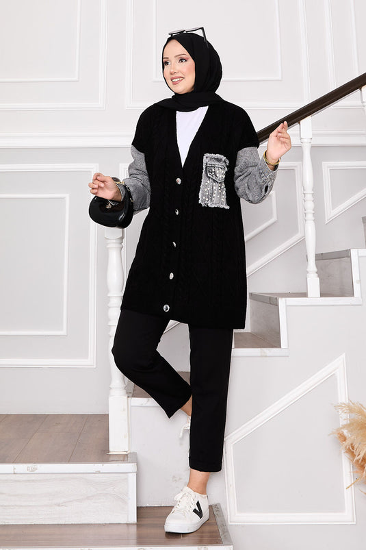 Cardigan en tricot de cheveux avec détails en pierre et garniture en denim noir