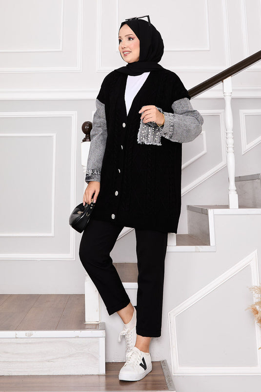Cardigan en tricot de cheveux avec détails en pierre et garniture en denim noir