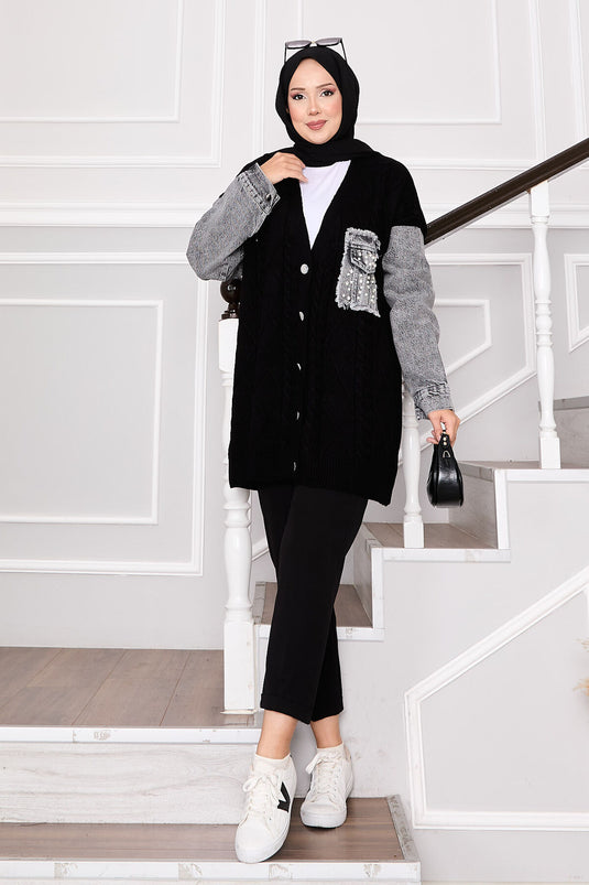 Cardigan en tricot de cheveux avec détails en pierre et garniture en denim noir