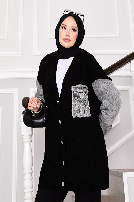 Cardigan en tricot de cheveux avec détails en pierre et garniture en denim noir