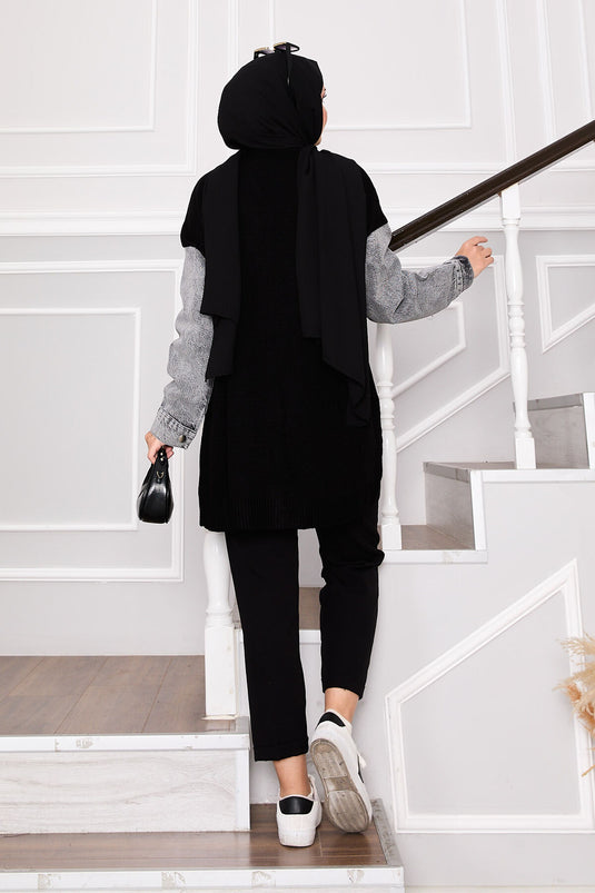 Cardigan en tricot de cheveux avec détails en pierre et garniture en denim noir