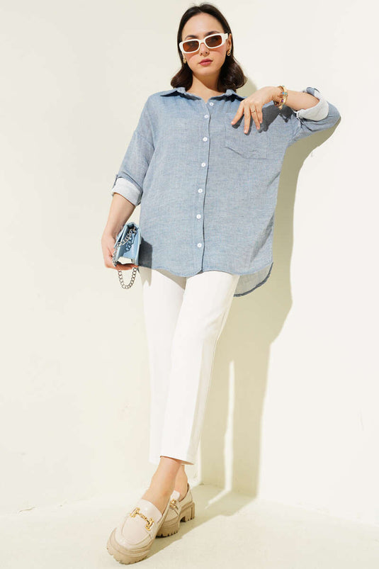 Jeans-Look Single Pocket Shirt Blau