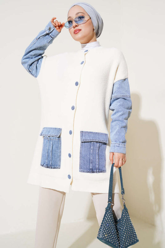 Cardigan Angora Vanille avec Manches en Denim