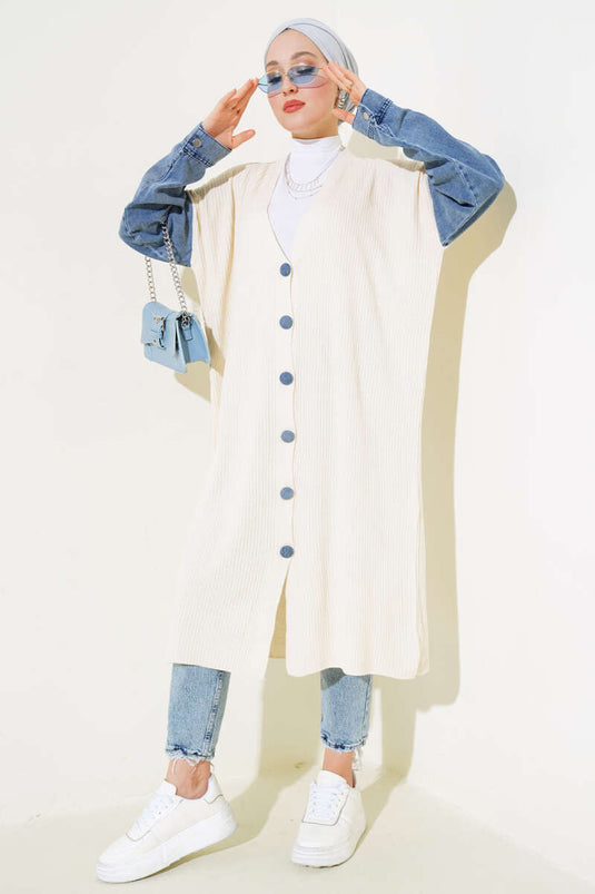 Cardigan long en tricot à manches longues en coton Beige