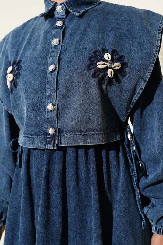 Pull en jean à broderies florales, bleu foncé