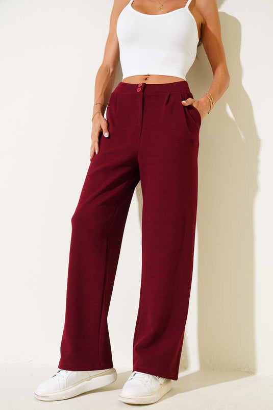 Crepe Fabric Wide Trousers, Burgundy