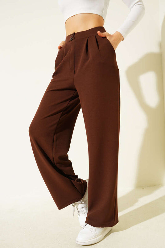 Crepe Fabric Wide Trousers, Brown