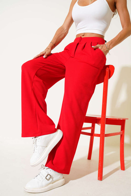 Crepe Fabric Wide-Leg Trousers, Red