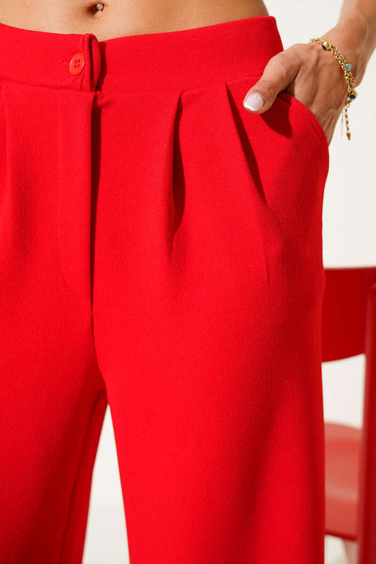 Crepe Fabric Wide-Leg Trousers, Red