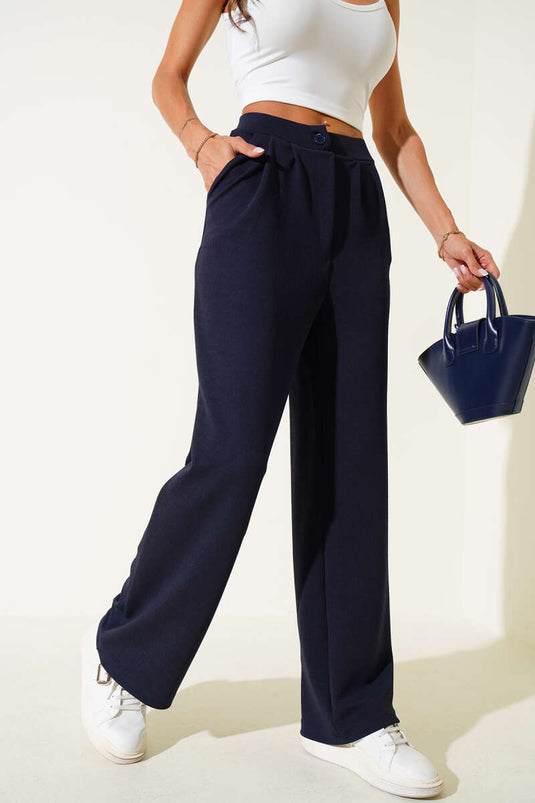 Crepe Fabric Wide Trousers Navy Blue