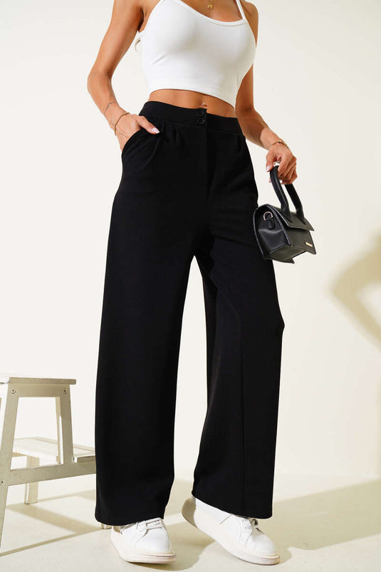 Crepe Fabric Wide Trousers Black