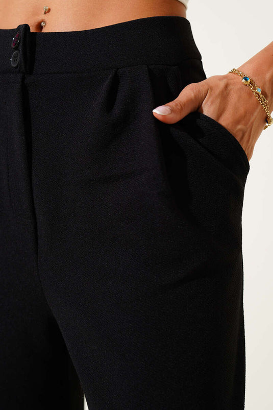 Crepe Fabric Wide Trousers Black