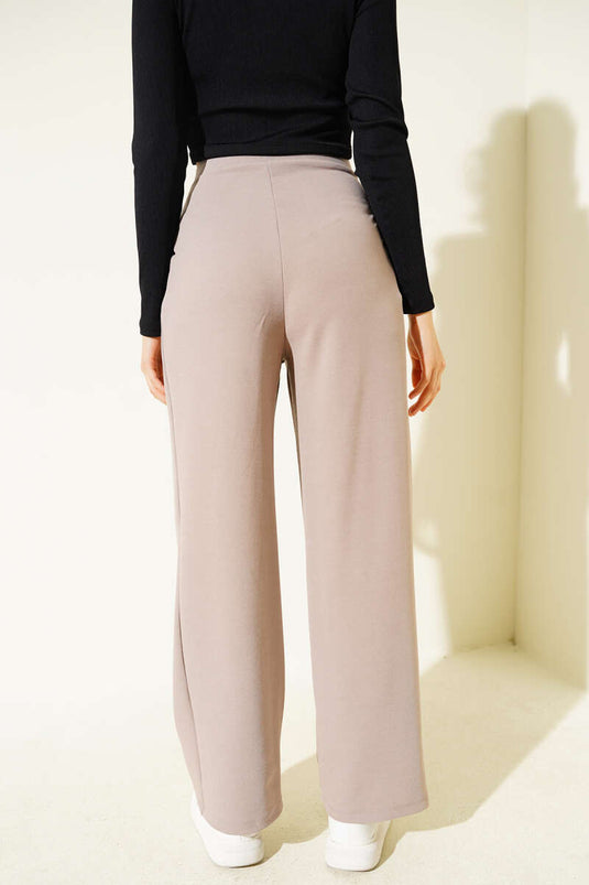 Krep Kumaş Geniş Pantolon Vizon