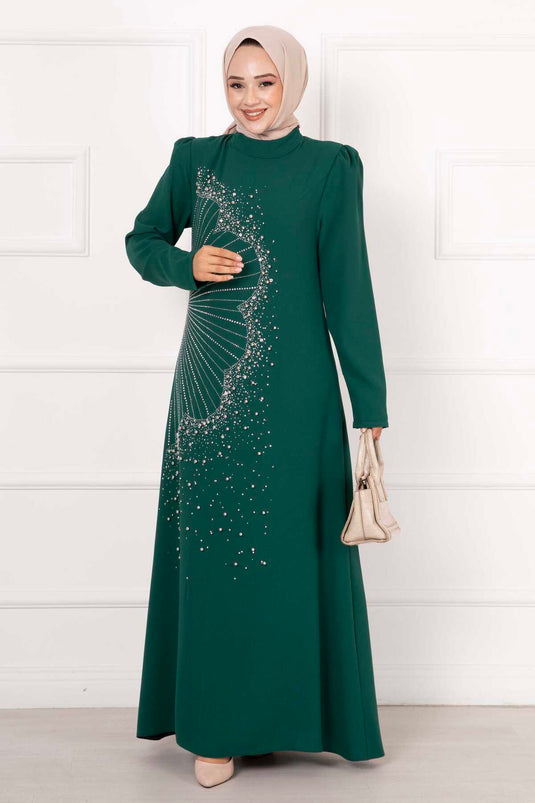 Crepe Stone Evening Dress Emerald