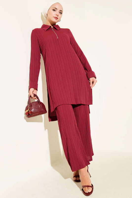 Crinkle Half Zippered Two Piece Suit Burgundy